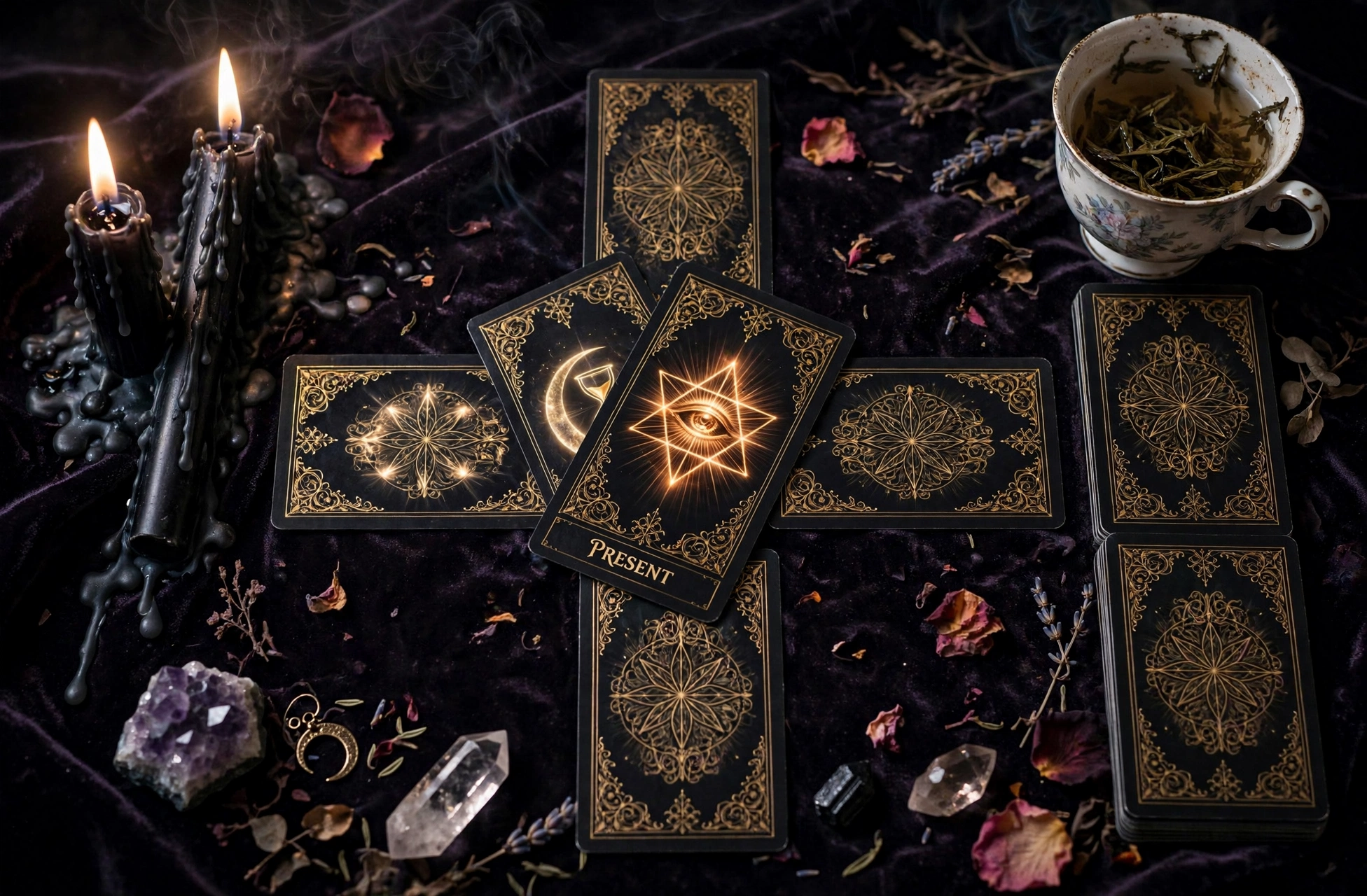 Tarot cross spread beside a cup of tea